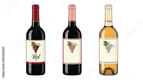 Three bottles of premium wine including red rose and white varieties displayed with grape illustrations on clean labels for beverage marketing.