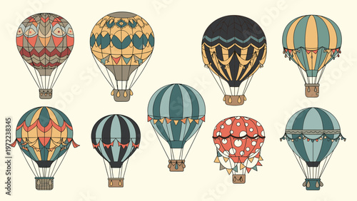 Collection of eight vintage hot air balloons with various colorful patterns and designs flying in the sky.
