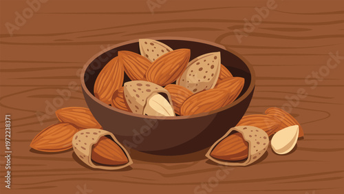 Ceramic bowl filled with organic whole and cracked almonds resting on a dark wooden table surface illustrating a healthy snack and nutrition.
