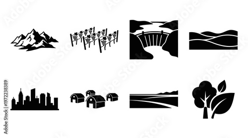 Mountain, Agriculture, and Urban Development Silhouette Vector Icon Set – Elegant Vectors Featuring Mountains, Vineyards, Dams, Fields, Skylines, Barns, Trees, and Natural Landscapes in Minimalist Bla