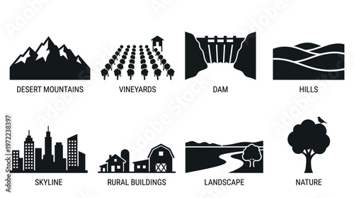 Mountain, Agriculture, and Urban Development Silhouette Vector Icon Set – Elegant Vectors Featuring Mountains, Vineyards, Dams, Fields, Skylines, Barns, Trees, and Natural Landscapes in Minimalist Bla