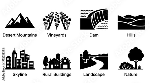 Mountain, Agriculture, and Urban Development Silhouette Vector Icon Set – Elegant Vectors Featuring Mountains, Vineyards, Dams, Fields, Skylines, Barns, Trees, and Natural Landscapes in Minimalist Bla