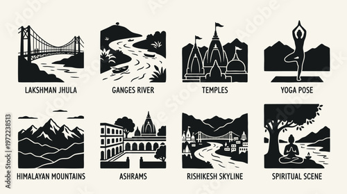 Rishikesh and Himalayan Spirituality Silhouette Vector Icon Set – Elegant Vectors Featuring Laxman Jhula Bridge, Ganges River, Temples, Yoga Poses, Ashrams, Mountains, and Meditation Scenes in Minimal
