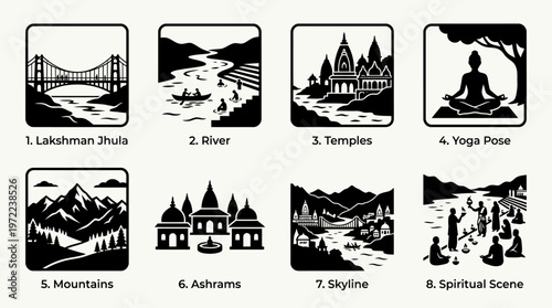 Rishikesh and Himalayan Spirituality Silhouette Vector Icon Set – Elegant Vectors Featuring Laxman Jhula Bridge, Ganges River, Temples, Yoga Poses, Ashrams, Mountains, and Meditation Scenes in Minimal