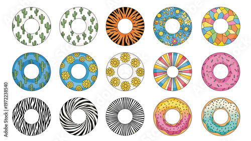 Grid of fifteen different swimming rings and donuts with colorful patterns such as animals flowers and fruits.