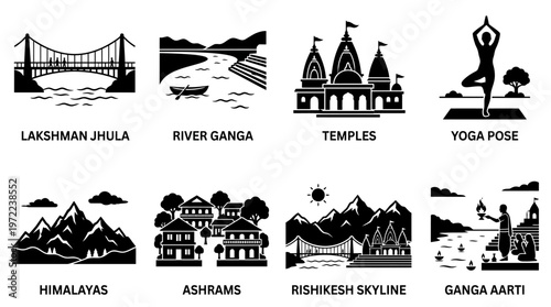 Rishikesh and Himalayan Spirituality Silhouette Vector Icon Set – Elegant Vectors Featuring Laxman Jhula Bridge, Ganges River, Temples, Yoga Poses, Ashrams, Mountains, and Meditation Scenes in Minimal