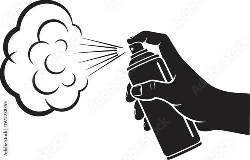 Hand spraying aerosol can with cloud of mist symbolizing pest control product usage or spray paint application in dark silhouette