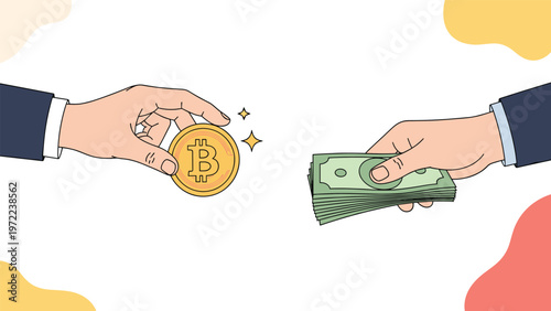 Person exchanging a gold bitcoin coin for a stack of cash bills illustrating cryptocurrency trading and digital finance transactions today.