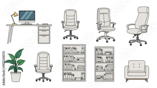 Office furniture and equipment set featuring a desk with a computer chairs bookshelves and a potted plant.