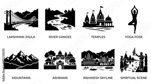 Rishikesh and Himalayan Spirituality Silhouette Vector Icon Set – Elegant Vectors Featuring Laxman Jhula Bridge, Ganges River, Temples, Yoga Poses, Ashrams, Mountains, and Meditation Scenes in Minimal