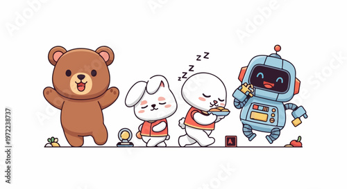 Adorable Cartoon Bear, Rabbit, Dog, and Robot Characters in a Row.