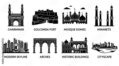 Ahmedabad Landmarks and Architectural Heritage Silhouette Vector Icon Set – Elegant Vectors Featuring Sabarmati Riverfront, Adalaj Stepwell, Mosques, Ellis Bridge, Pol Houses, and Urban Skylines in Mi