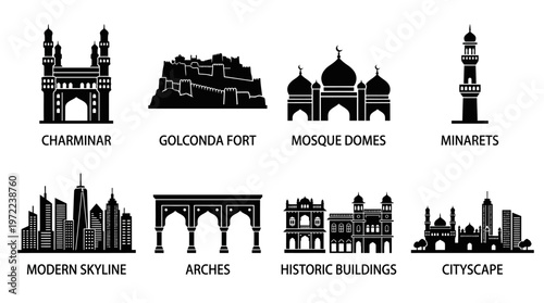 Ahmedabad Landmarks and Architectural Heritage Silhouette Vector Icon Set – Elegant Vectors Featuring Sabarmati Riverfront, Adalaj Stepwell, Mosques, Ellis Bridge, Pol Houses, and Urban Skylines in Mi
