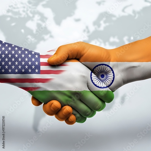 Global Partnership - American and Indian Flag Hands Shake in Agreement.