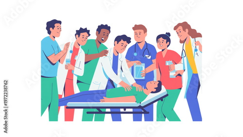 Team of healthcare professionals collaborating in a modern medical facility Vector