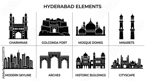 Ahmedabad Landmarks and Architectural Heritage Silhouette Vector Icon Set – Elegant Vectors Featuring Sabarmati Riverfront, Adalaj Stepwell, Mosques, Ellis Bridge, Pol Houses, and Urban Skylines in Mi