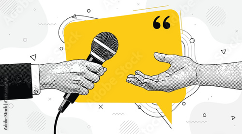 Hand holding a microphone interviewing a person, pop art style illustration