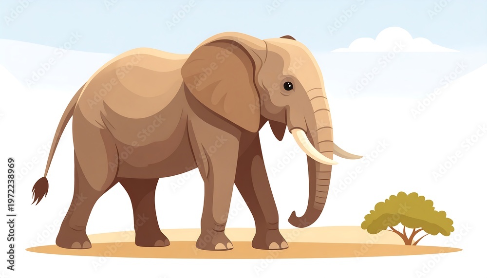 Fototapeta premium Cartoon elephant with large tusks in the savannah landscape with minimal tree, cartoon style