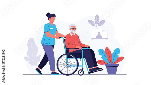 Professional caregiver pushing an elderly man in a wheelchair in a modern room with a potted plant.