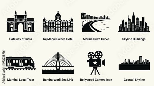 Mumbai Landmarks and Cityscape Silhouette Vector Icon Set – Elegant Vectors Featuring Gateway of India, Taj Mahal Palace, Marine Drive, Bandra‑Worli Sea Link, Bollywood Camera, and Skyline Buildings 