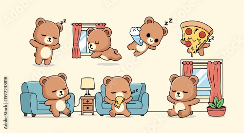 Adorable Cartoon Bears in Various Poses, Expressing Different Emotions and Activities.