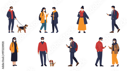 People wearing masks walking on a white background some with backpacks and dogs representing a healthy lifestyle.