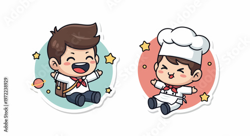 Adorable cartoon boy and chef characters with happy expressions and star accents.