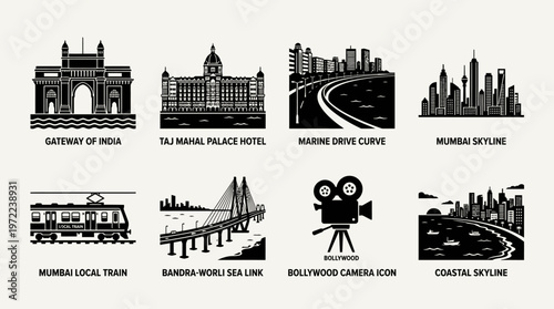 Mumbai Landmarks and Cityscape Silhouette Vector Icon Set – Elegant Vectors Featuring Gateway of India, Taj Mahal Palace, Marine Drive, Bandra‑Worli Sea Link, Bollywood Camera, and Skyline Buildings 
