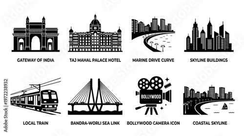 Mumbai Landmarks and Cityscape Silhouette Vector Icon Set – Elegant Vectors Featuring Gateway of India, Taj Mahal Palace, Marine Drive, Bandra‑Worli Sea Link, Bollywood Camera, and Skyline Buildings 