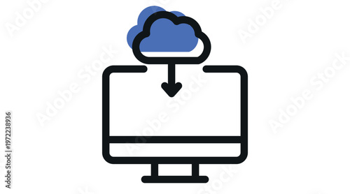Cloud computing and data sync icon: desktop computer with cloud and arrow, fintech blue offset fill and black line vector illustration.
