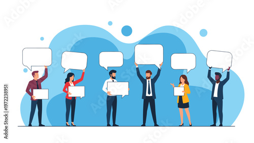 Diverse group of professional people standing in a row and holding various blank speech bubbles and signs for customizable communication text.