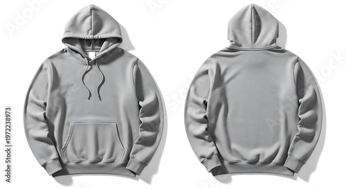 Isolated Soft Grey Pullover Hoodie Mockup - Front and Back Views for Apparel Design and Product Display.