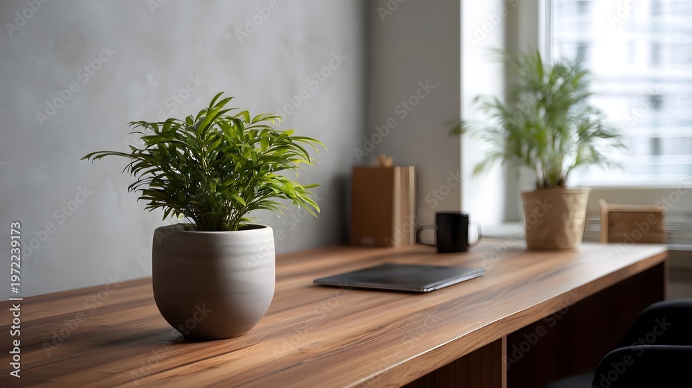 Fototapeta premium Modern wooden desk with potted plant laptop and mug in a serene office interior