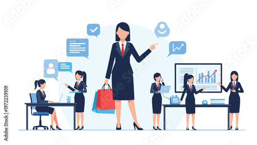 Professional woman in a business suit surrounded by several smaller scenes of office work and communication symbolizing multitasking and leadership.