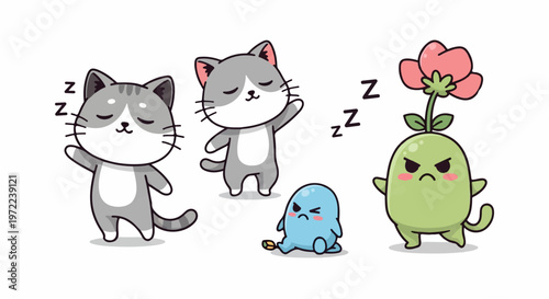 Adorable Cartoon Cats and a Plant Character with Various Emotions.