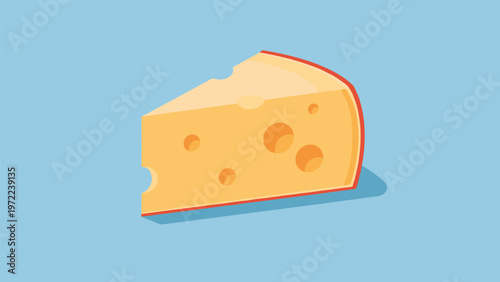 Large wedge of yellow Swiss cheese with characteristic holes casting a soft shadow on a light blue background for culinary and food concepts.