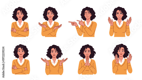 Diverse set of character illustrations showing a woman with curly hair expressing different emotions and gestures.