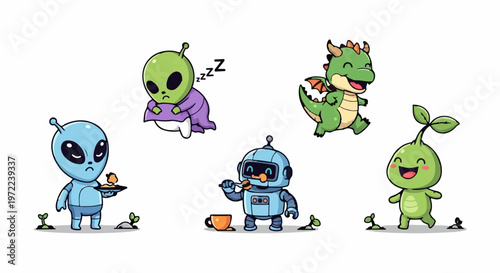 Adorable Cartoon Characters - Aliens, Robots, and a Dragon in Playful Poses.