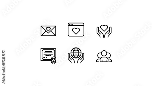 Six minimalist icons representing communication, love, health, document, globe, and people Vector