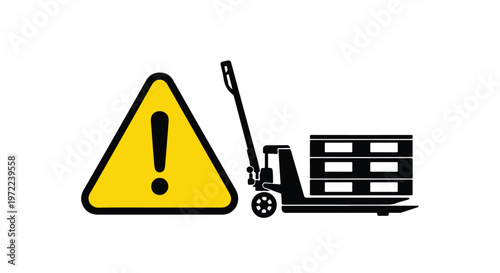 Warning sign with exclamation mark next to a pallet jack carrying wooden cargo pallets for logistics and warehouse