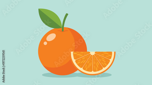 Fresh whole orange with a green leaf paired with a juicy orange slice shown against a minimalist light blue background.
