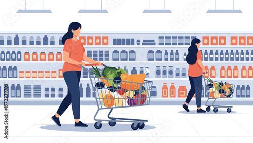 Two female customers walking through a supermarket aisle with shopping carts full of fresh groceries and vegetables.