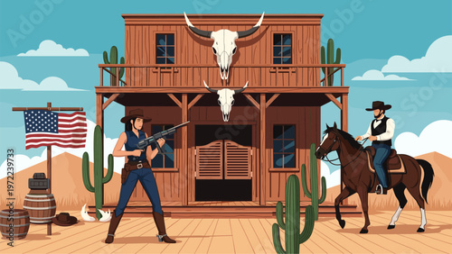 Classic Wild West landscape featuring a wooden saloon, a cowboy on a horse, and a cowgirl with a rifle under a bright blue sky.