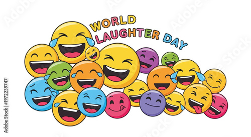 Colorful emoji faces celebrate world laughter day with joyful expressions