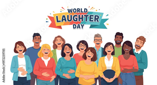 A diverse group of people joyfully celebrating world laughter day together