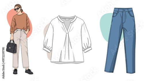 Stylish women fashion collection showcasing a complete outfit with a sweater and pants alongside individual shirt and denim jeans.