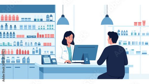 Professional pharmacist working behind a counter in a modern drug store while assisting a male customer with his medical prescription.