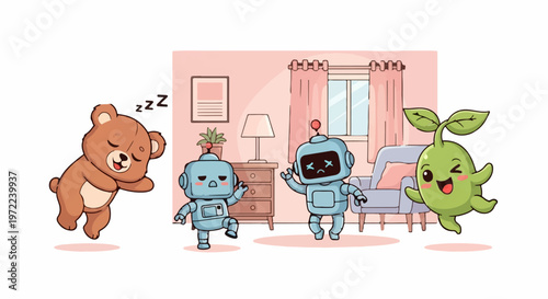 Adorable Cartoon Characters Dancing and Sleeping in a Playful Scene.