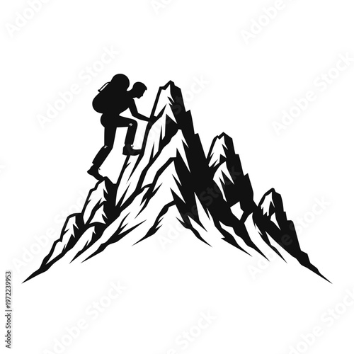 Mountain climber silhouette vector, adventurous hiker ascending steep peak, minimalist black and white rock climbing icon for outdoor branding
