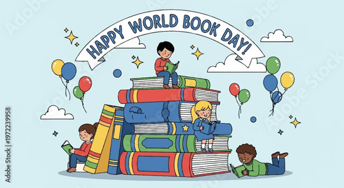 Happy World Book Day banner with children reading in park illustration